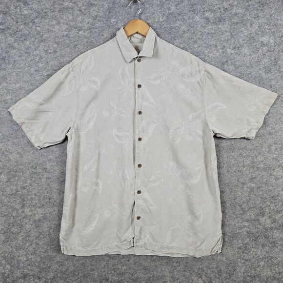 Tommy Bahama Men's Beige 100% Silk Shirt Size L Floral Texture Hawaiian Tropical - Picture 1 of 9
